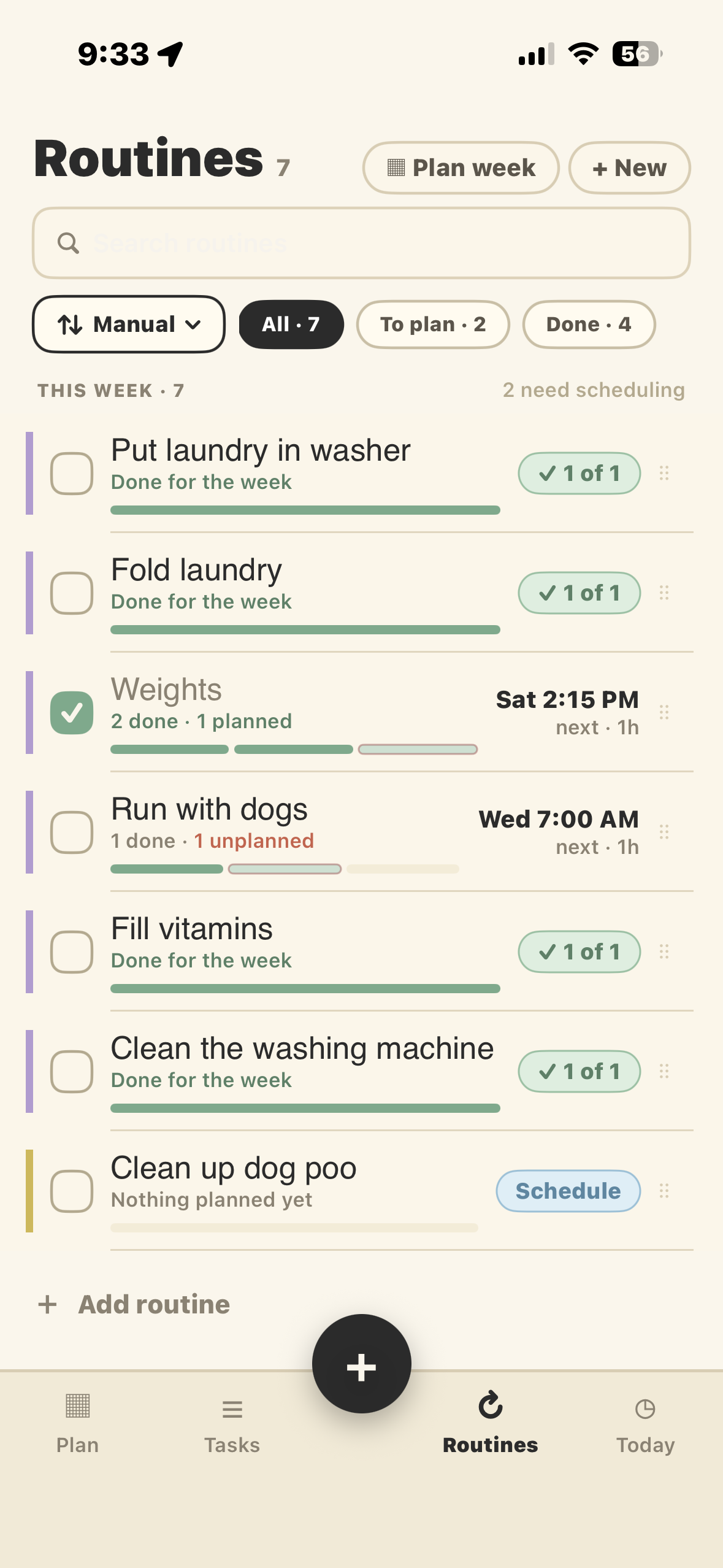 Routines list with weekly progress bars and next-session times