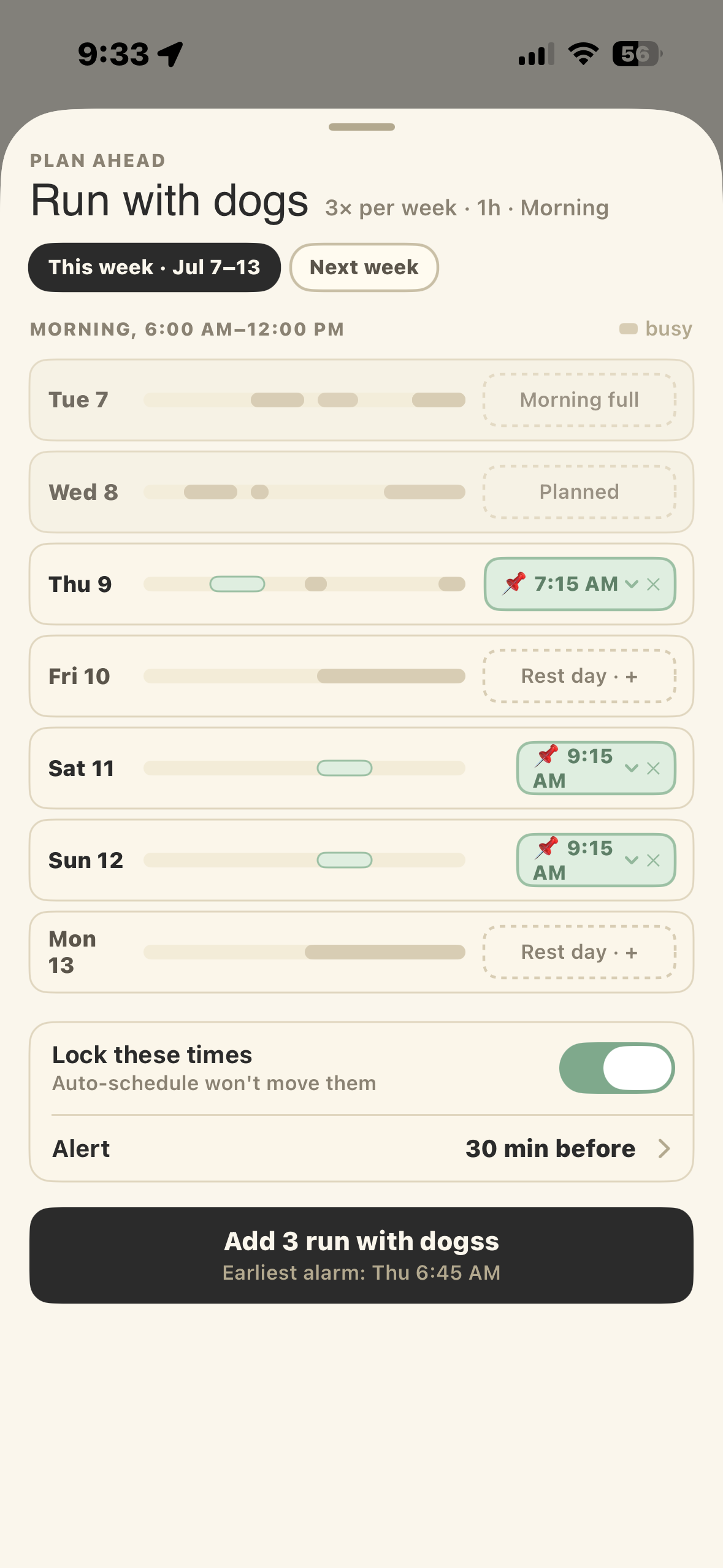 Week Planner showing why each day was chosen or skipped: rest day, morning full, planned