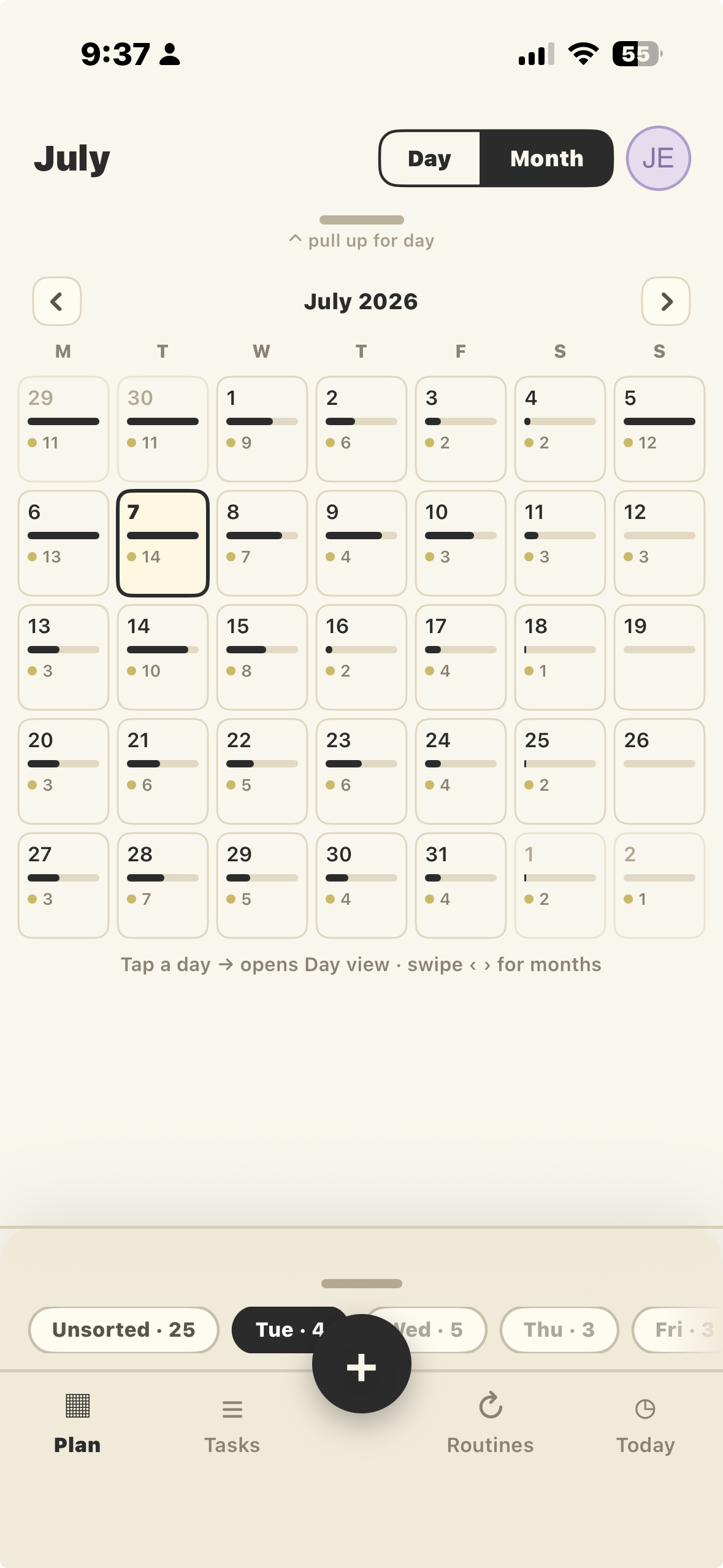 Month view with a workload bar and item count on every day